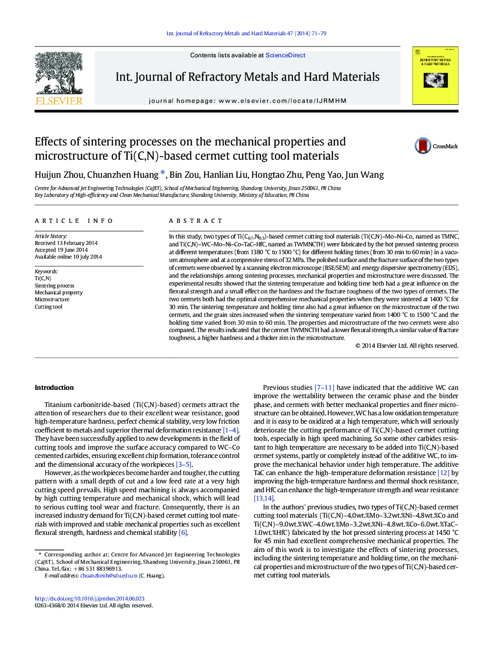 Effects of sintering processes on the mechanical properties and microstructure of Ti(C,N)-based cermet cutting tool materials