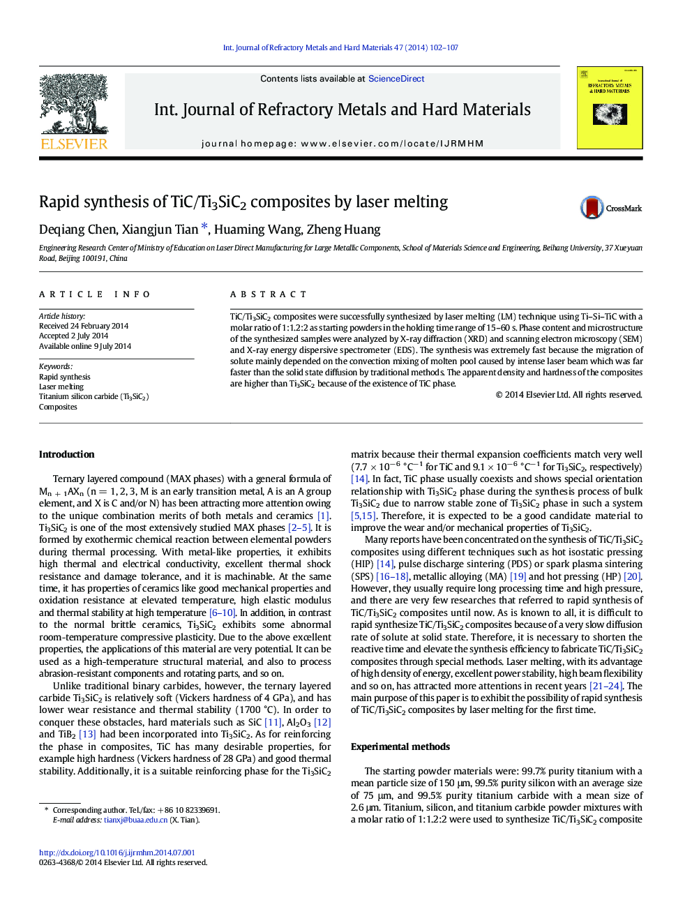 Rapid synthesis of TiC/Ti3SiC2 composites by laser melting