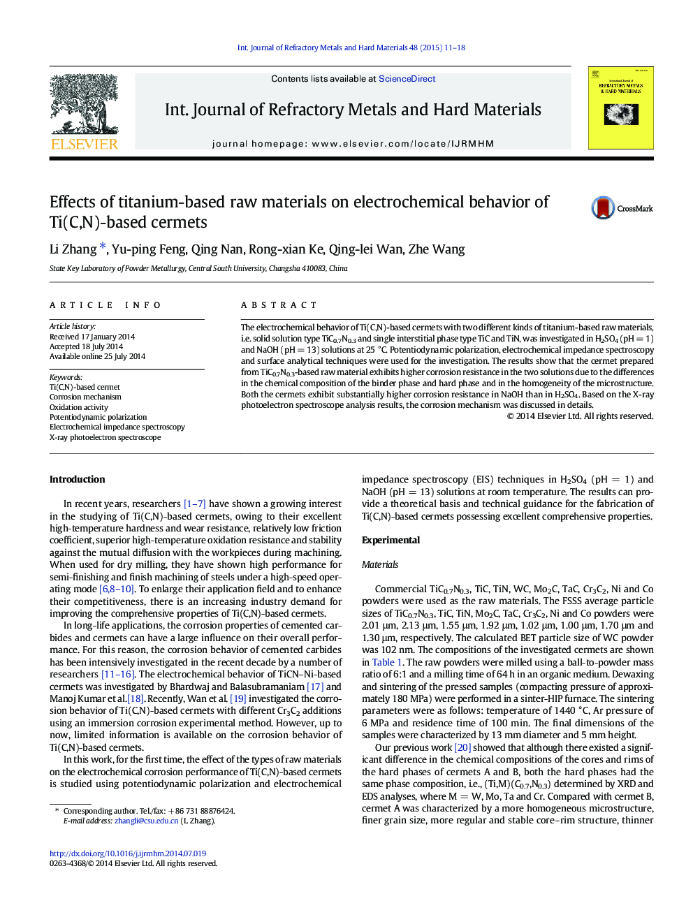 Effects of titanium-based raw materials on electrochemical behavior of Ti(C,N)-based cermets