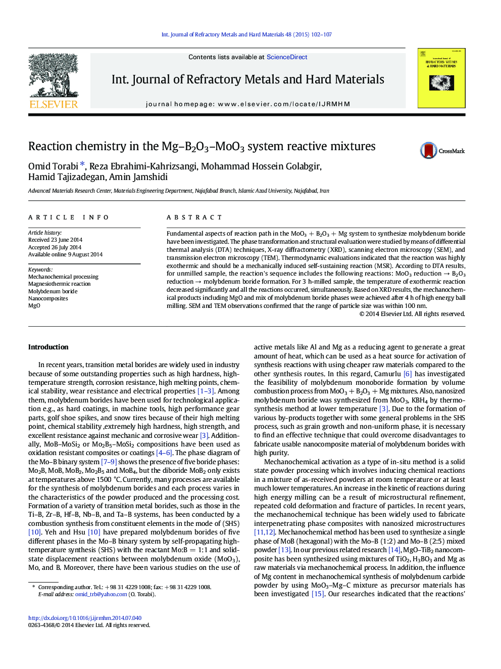 Reaction chemistry in the Mg-B2O3-MoO3 system reactive mixtures