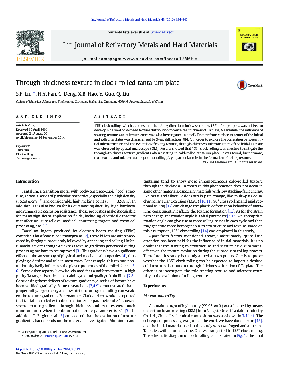 Through-thickness texture in clock-rolled tantalum plate