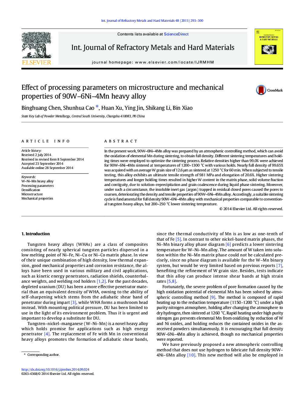 Effect of processing parameters on microstructure and mechanical properties of 90W–6Ni–4Mn heavy alloy