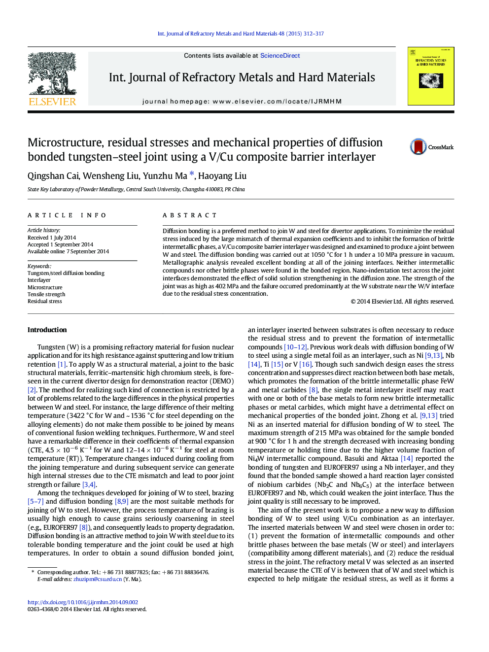 Microstructure, residual stresses and mechanical properties of diffusion bonded tungsten–steel joint using a V/Cu composite barrier interlayer