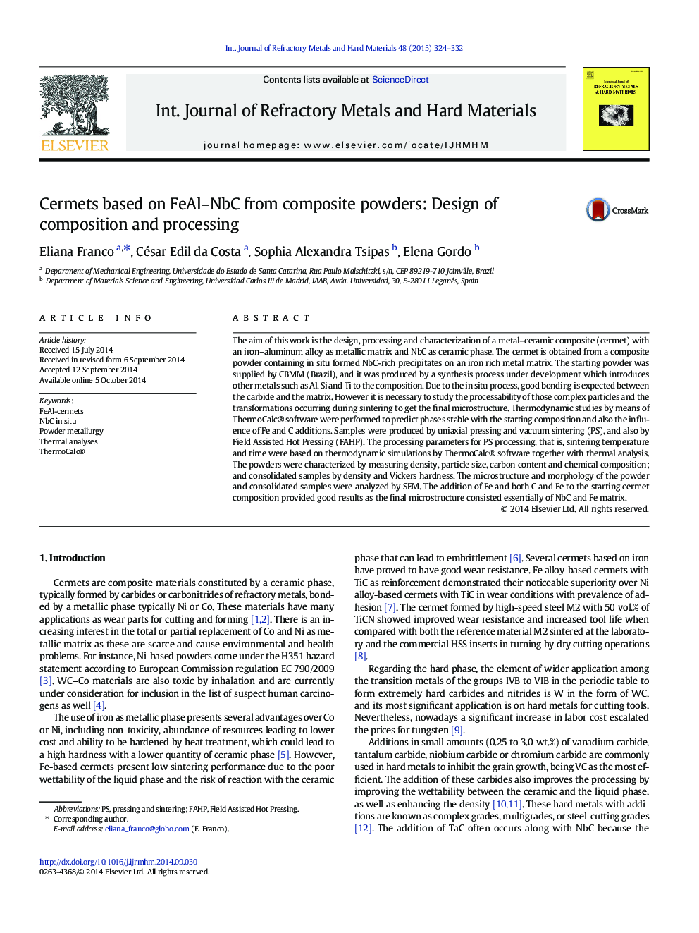 Cermets based on FeAl–NbC from composite powders: Design of composition and processing