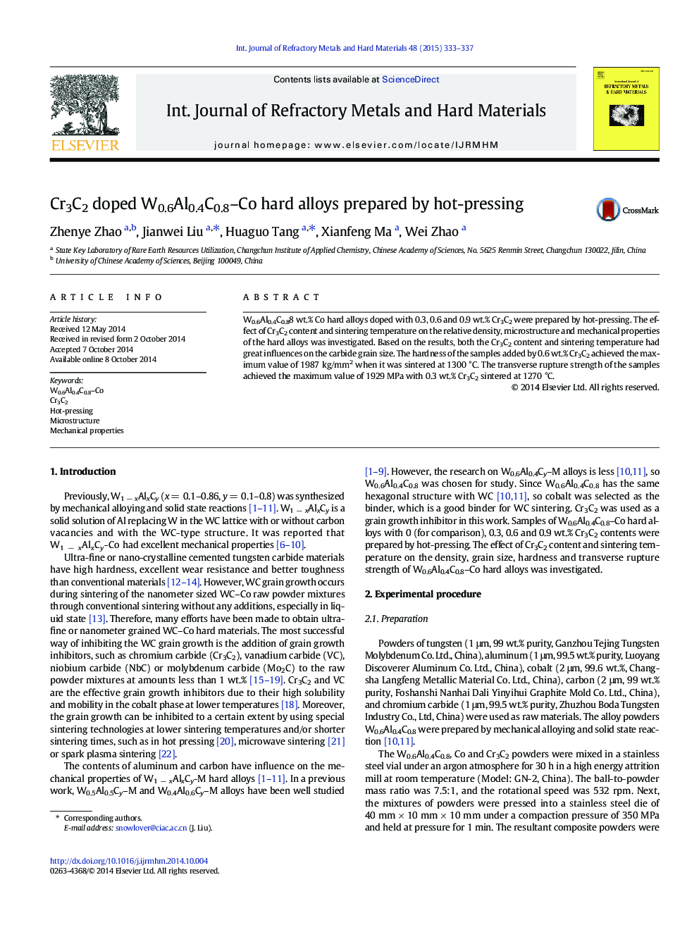 Cr3C2 doped W0.6Al0.4C0.8–Co hard alloys prepared by hot-pressing