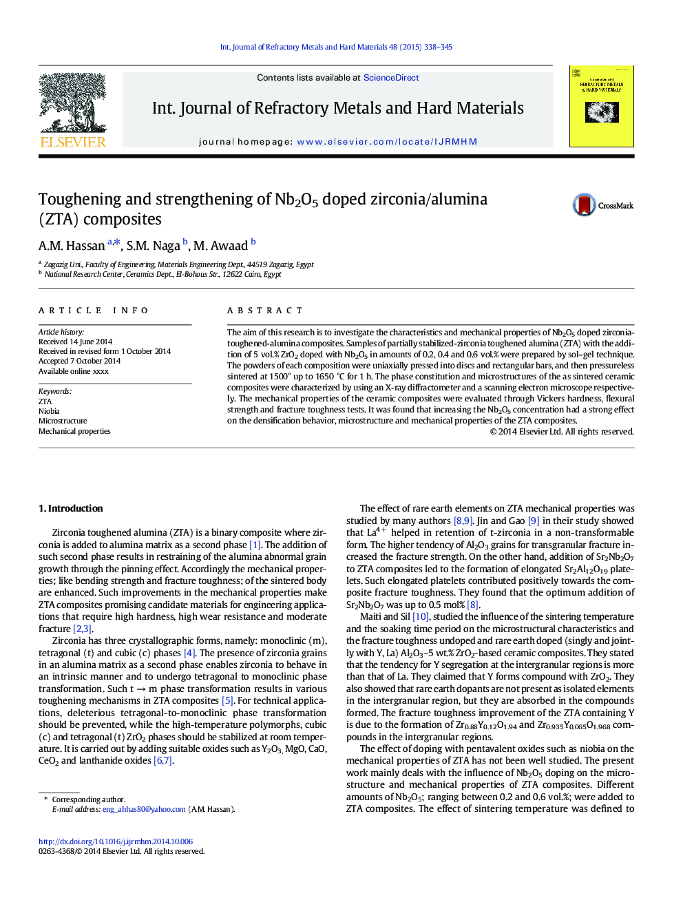 Toughening and strengthening of Nb2O5 doped zirconia/alumina (ZTA) composites