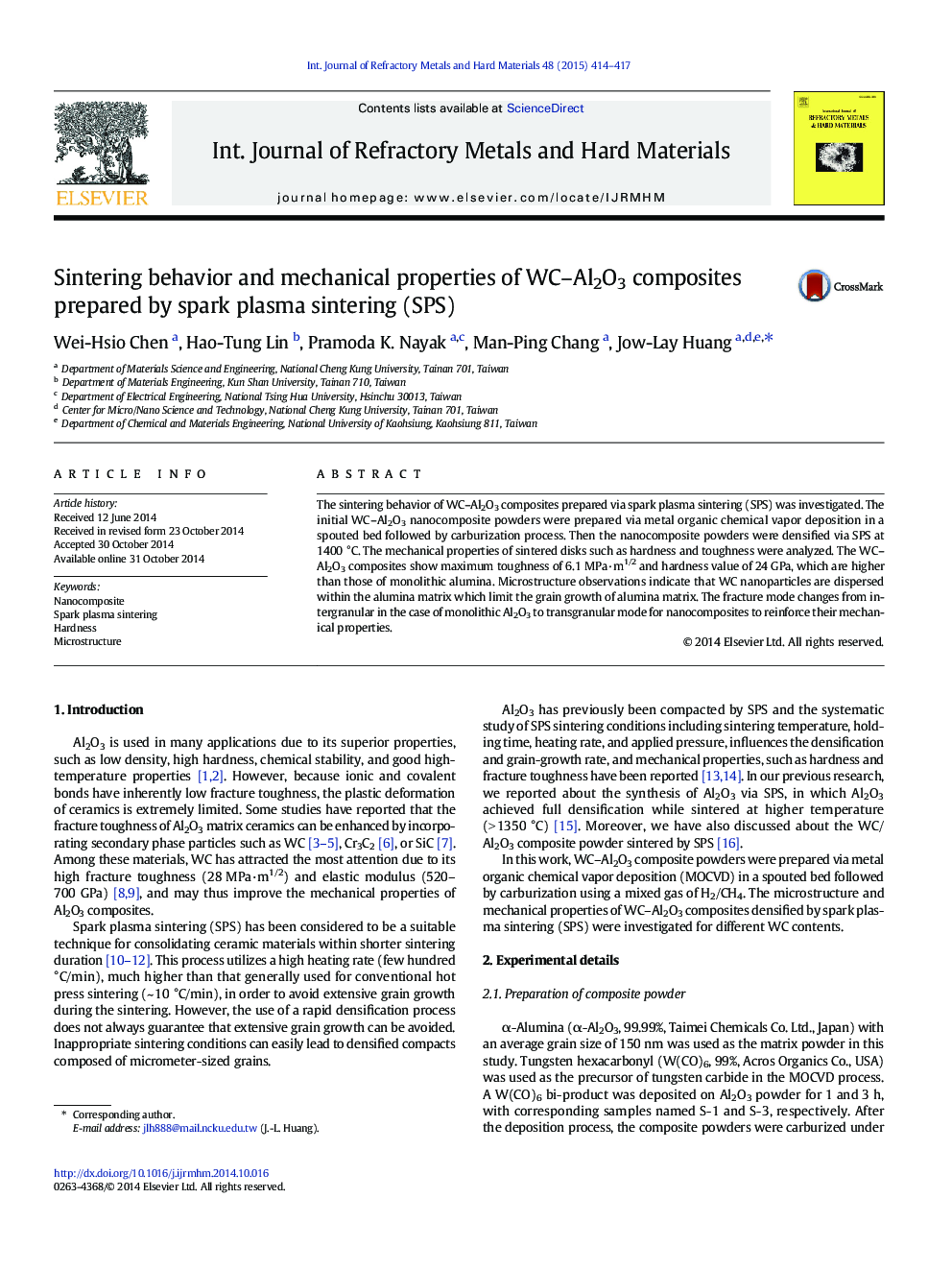 Sintering behavior and mechanical properties of WC–Al2O3 composites prepared by spark plasma sintering (SPS)