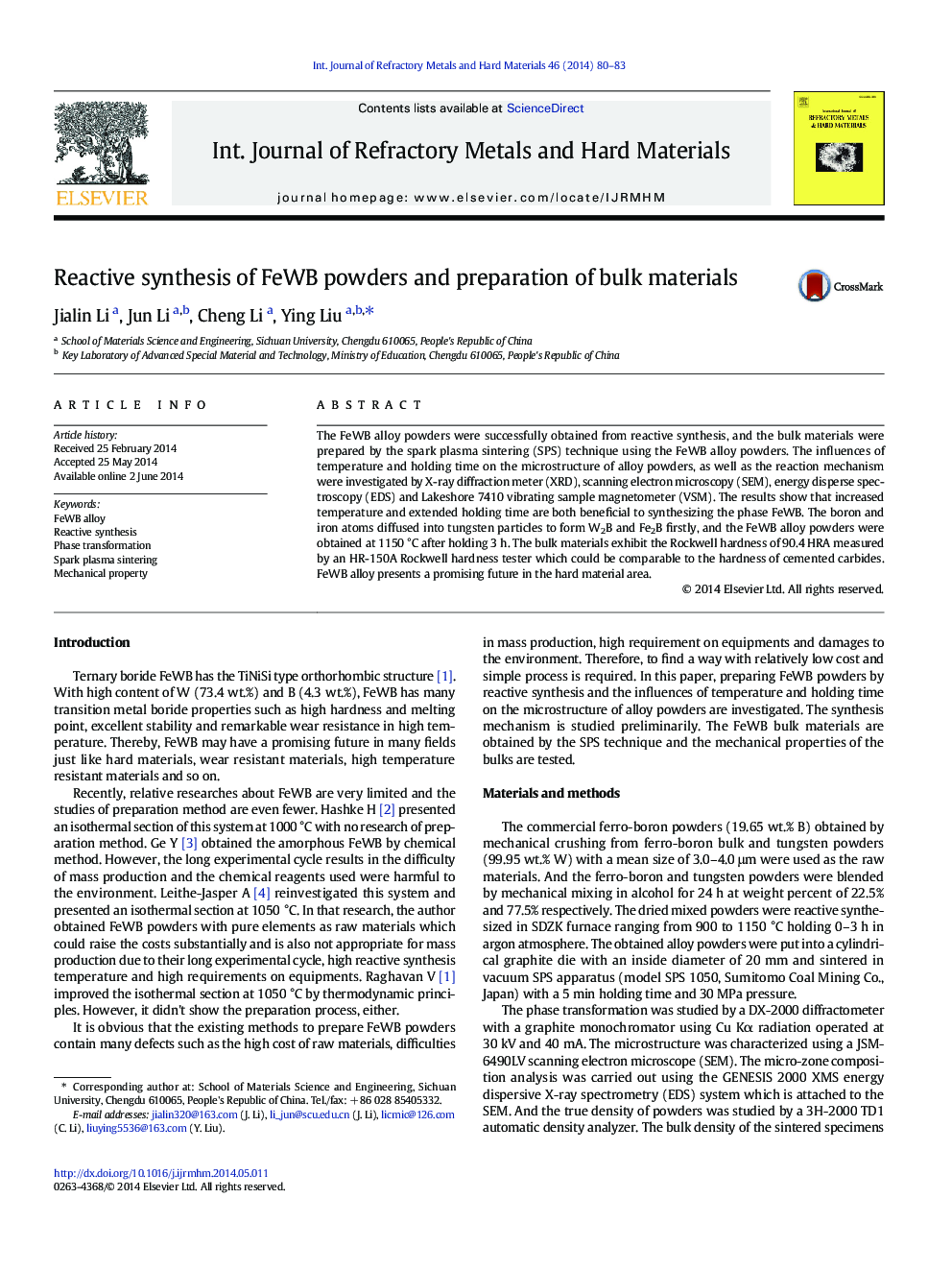 Reactive synthesis of FeWB powders and preparation of bulk materials