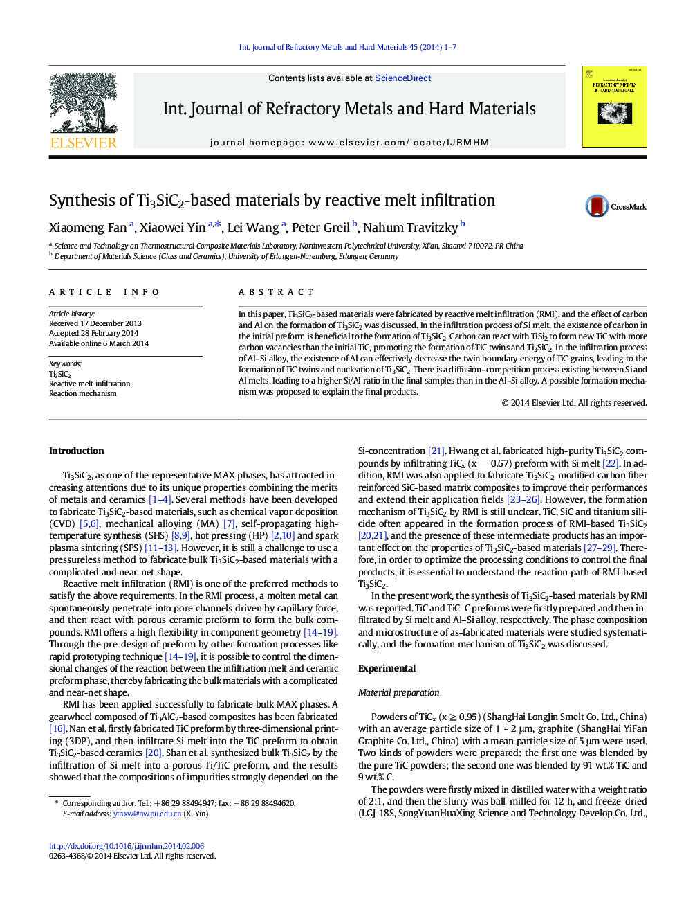 Synthesis of Ti3SiC2-based materials by reactive melt infiltration