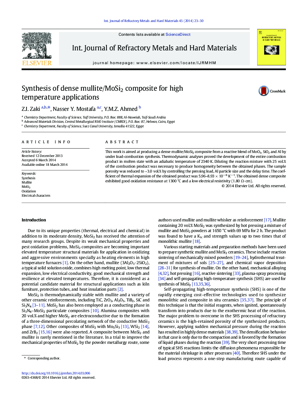 Synthesis of dense mullite/MoSi2 composite for high temperature applications