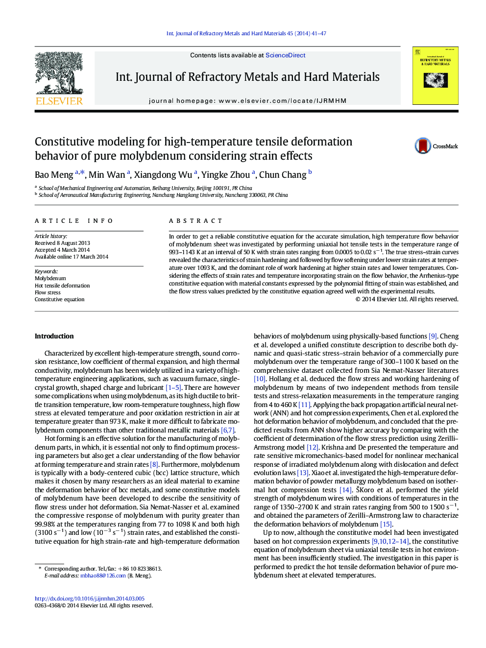 Constitutive modeling for high-temperature tensile deformation behavior of pure molybdenum considering strain effects