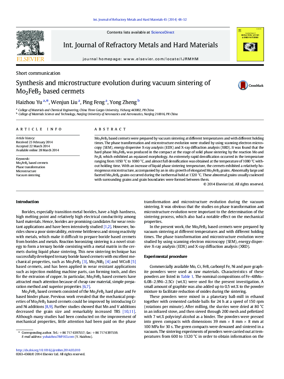 Synthesis and microstructure evolution during vacuum sintering of Mo2FeB2 based cermets