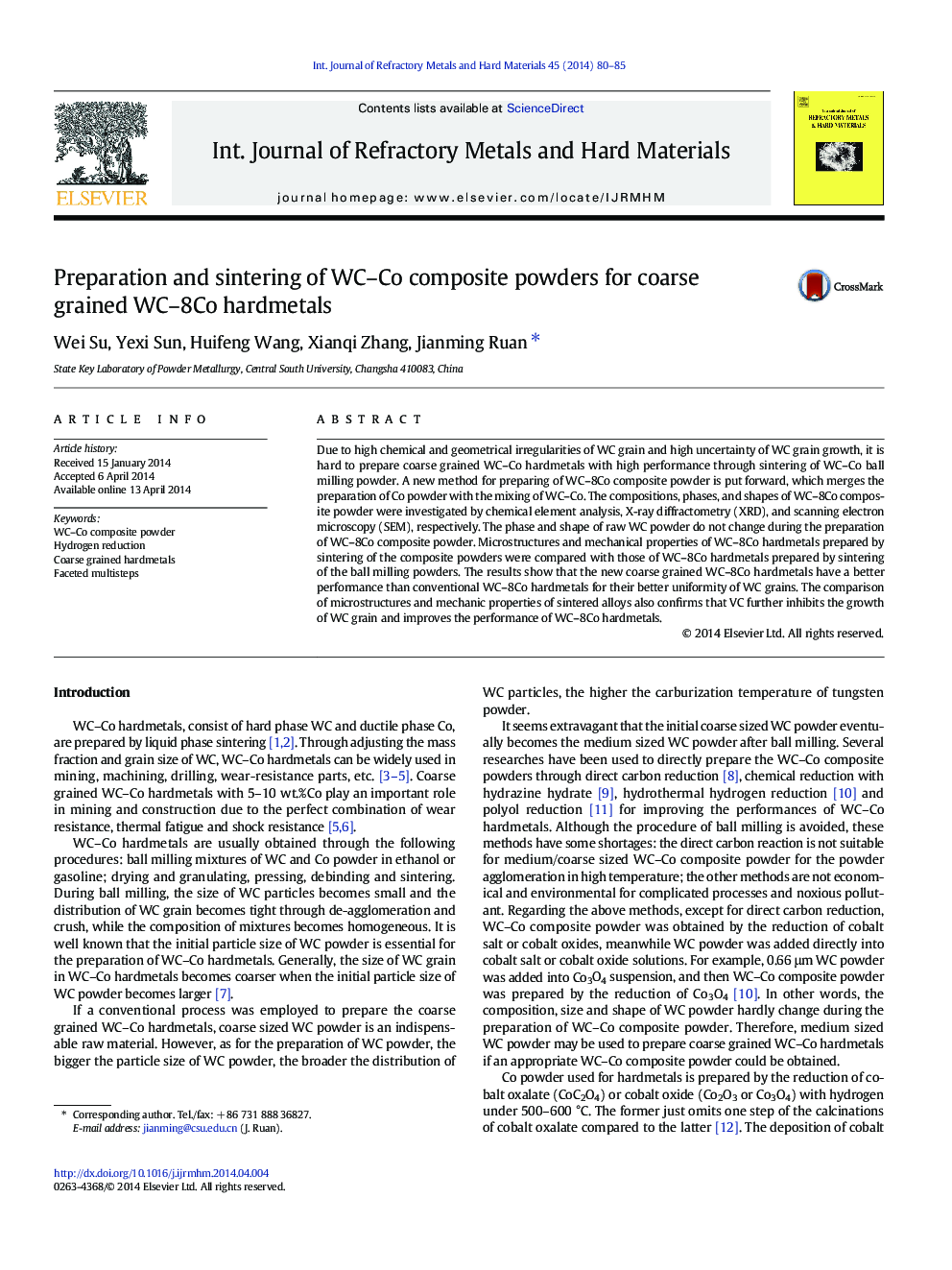 Preparation and sintering of WC-Co composite powders for coarse grained WC-8Co hardmetals