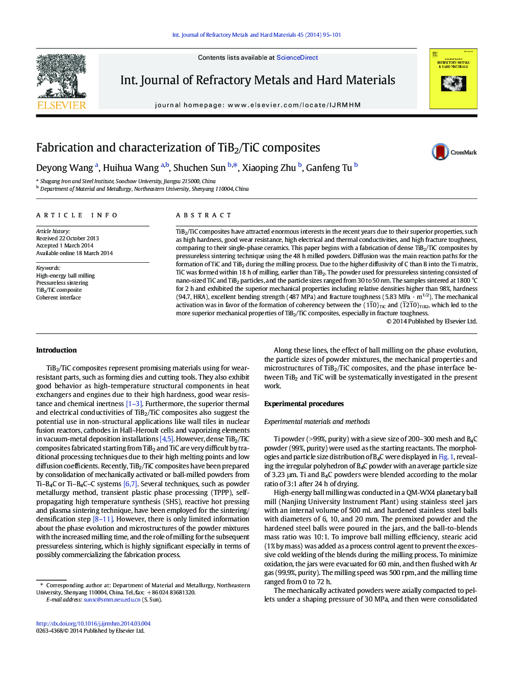 Fabrication and characterization of TiB2/TiC composites