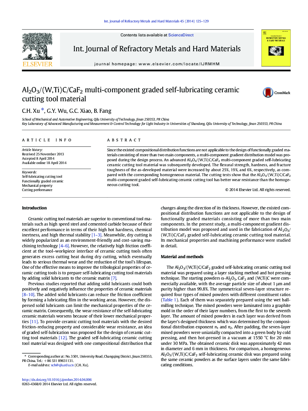 Al2O3/(W,Ti)C/CaF2 multi-component graded self-lubricating ceramic cutting tool material