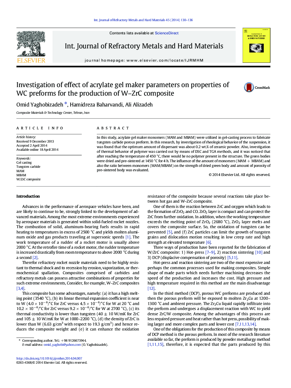 Investigation of effect of acrylate gel maker parameters on properties of WC preforms for the production of W-ZrC composite