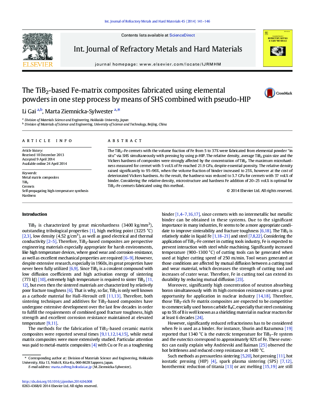 The TiB2-based Fe-matrix composites fabricated using elemental powders in one step process by means of SHS combined with pseudo-HIP