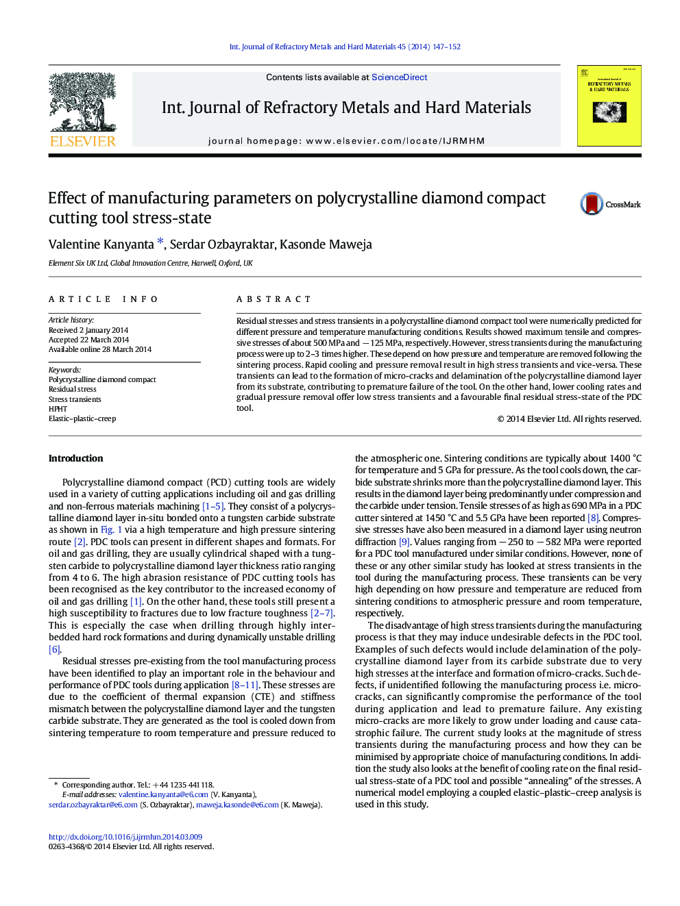 Effect of manufacturing parameters on polycrystalline diamond compact cutting tool stress-state