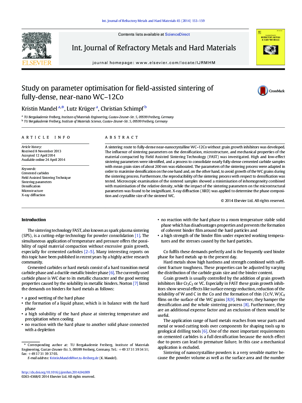 Study on parameter optimisation for field-assisted sintering of fully-dense, near-nano WC–12Co