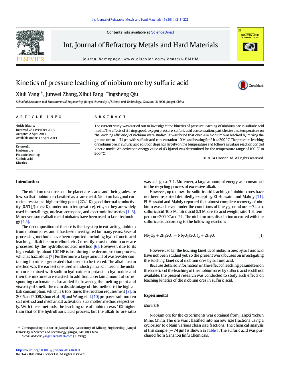 Kinetics of pressure leaching of niobium ore by sulfuric acid