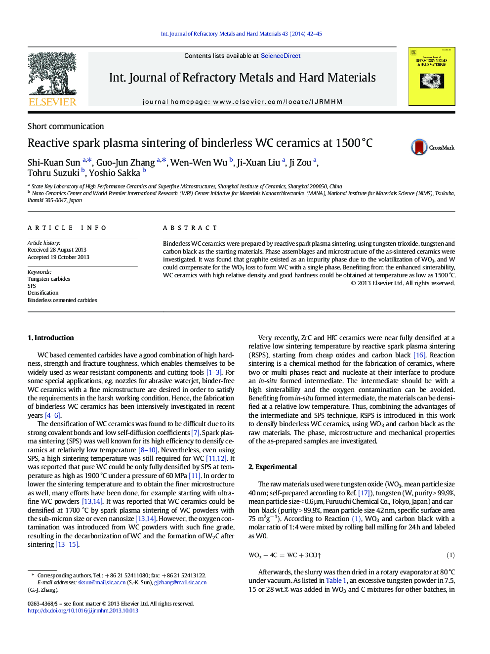 Reactive spark plasma sintering of binderless WC ceramics at 1500 °C