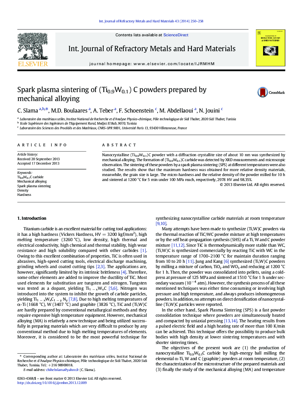 Spark plasma sintering of (Ti0.9W0.1) C powders prepared by mechanical alloying