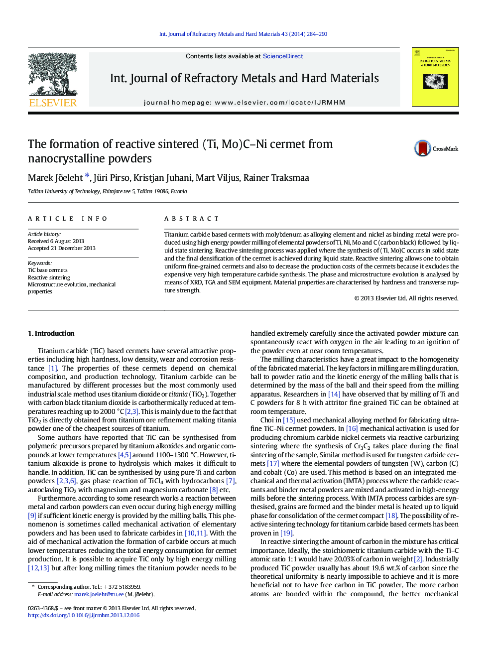 The formation of reactive sintered (Ti, Mo)C–Ni cermet from nanocrystalline powders