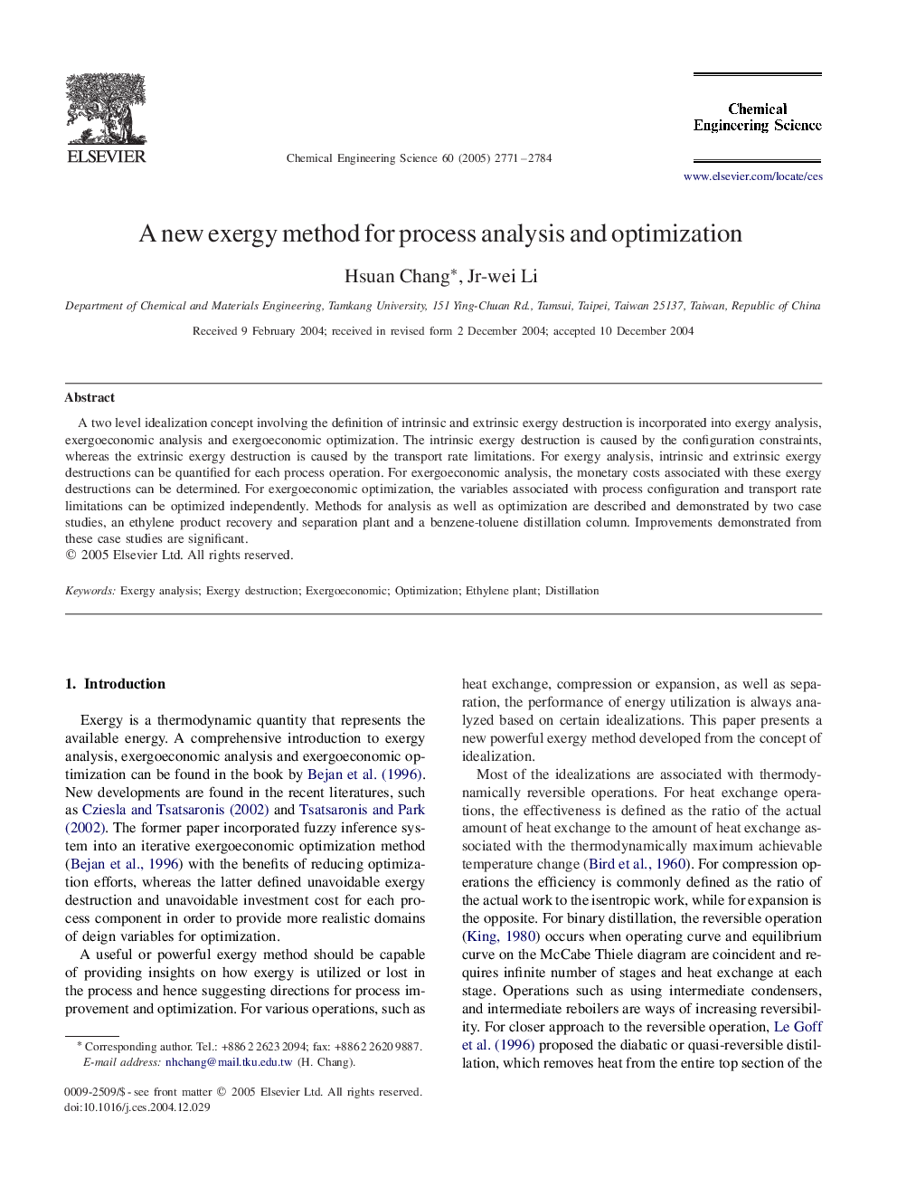 A new exergy method for process analysis and optimization