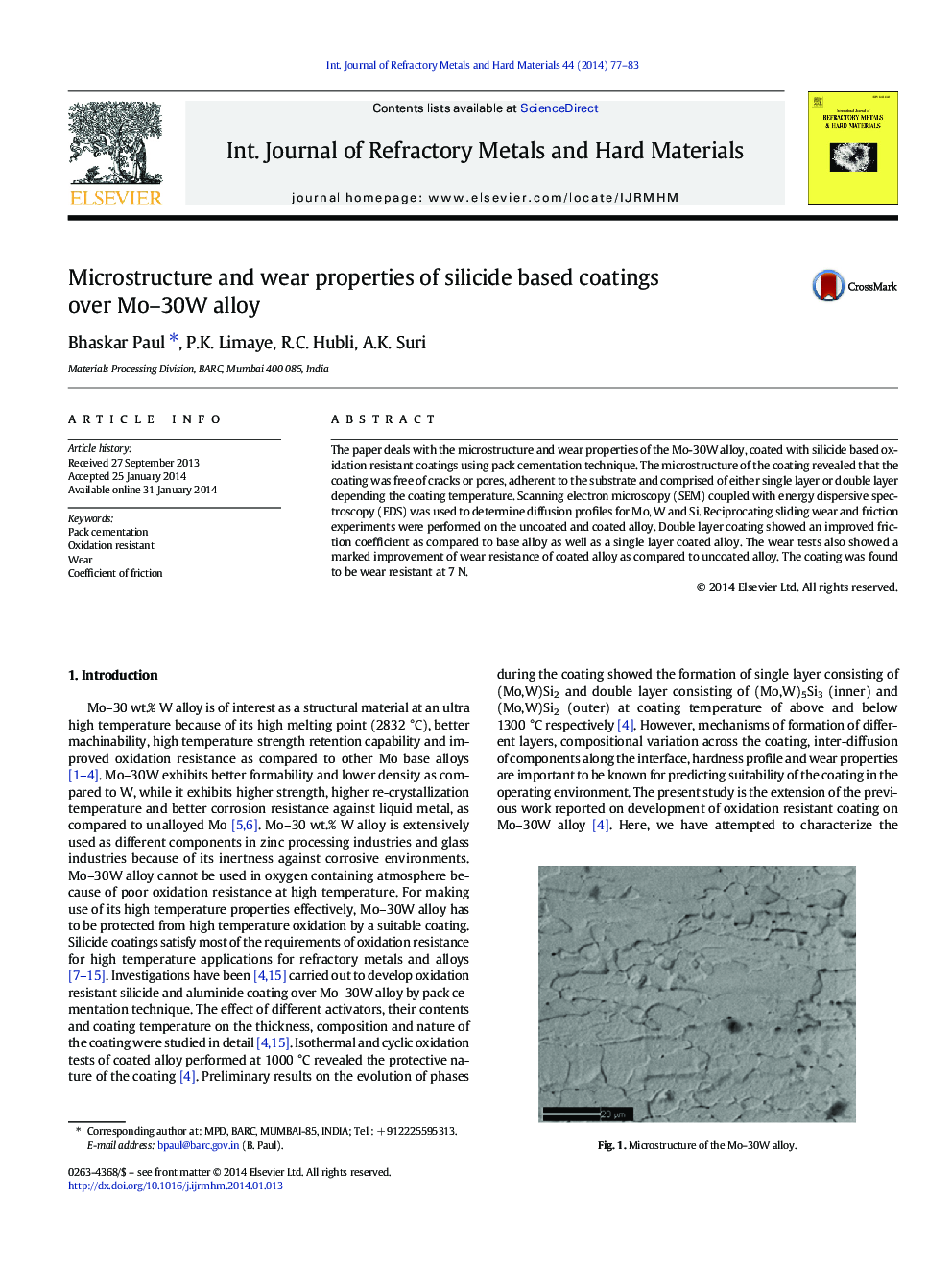 Microstructure and wear properties of silicide based coatings over Mo–30W alloy