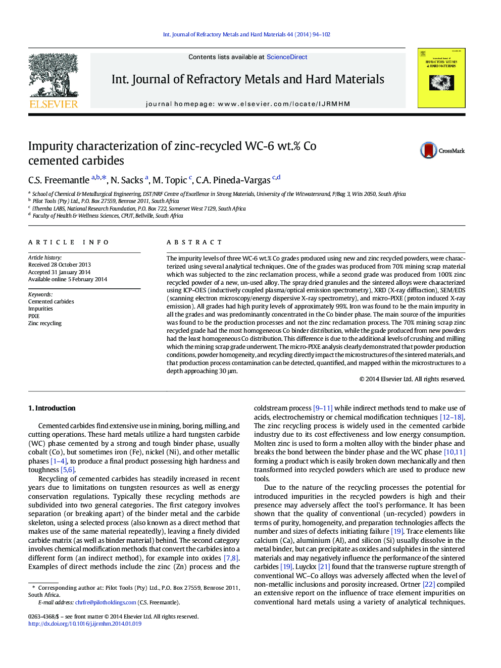 Impurity characterization of zinc-recycled WC-6 wt.% Co cemented carbides