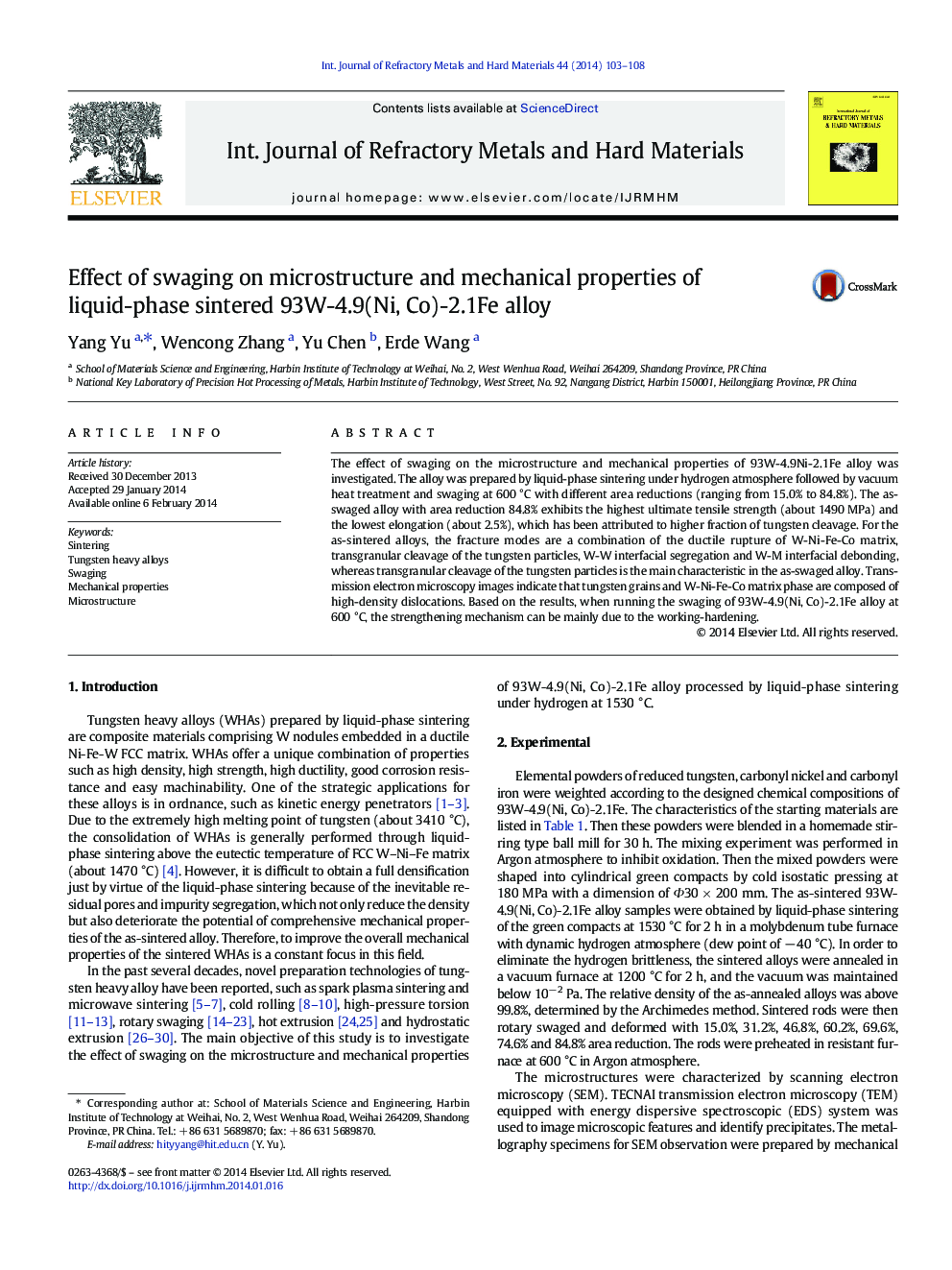 Effect of swaging on microstructure and mechanical properties of liquid-phase sintered 93W-4.9(Ni, Co)-2.1Fe alloy