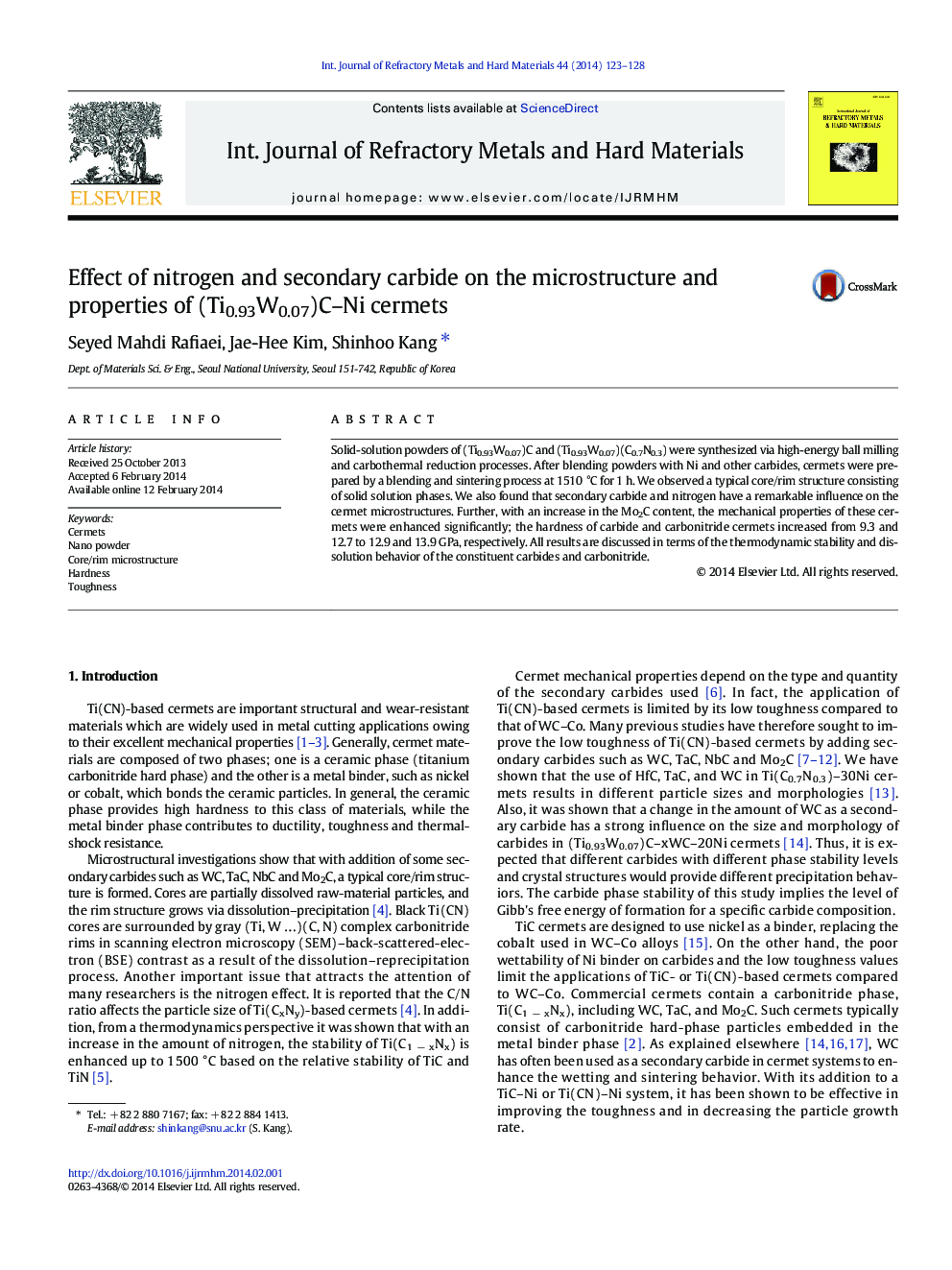 Effect of nitrogen and secondary carbide on the microstructure and properties of (Ti0.93W0.07)C–Ni cermets