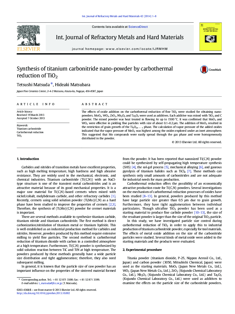 Synthesis of titanium carbonitride nano-powder by carbothermal reduction of TiO2