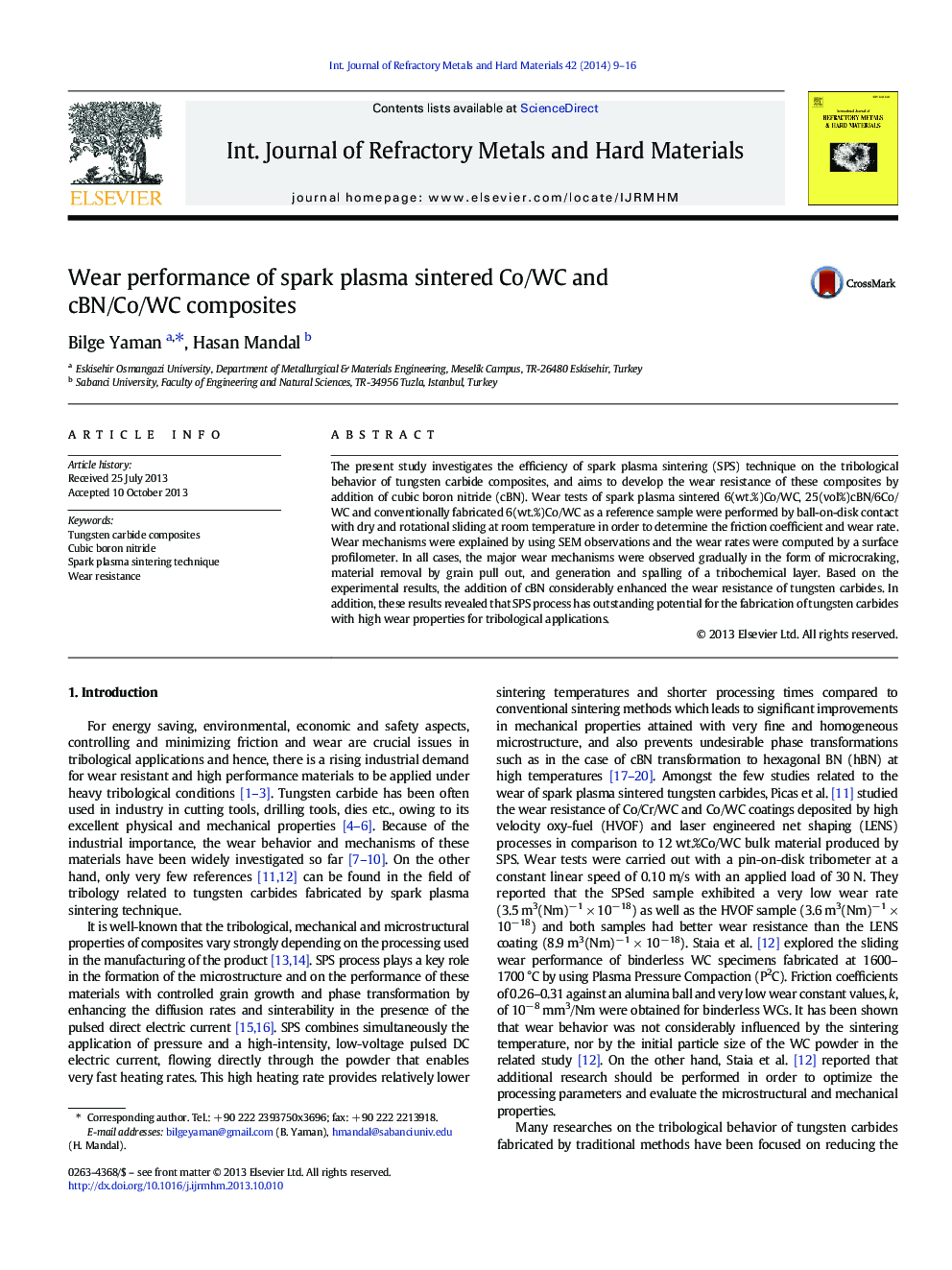 عکس صفحه اول مقاله: Wear performance of spark plasma sintered Co/WC and cBN/Co/WC composites Wear performance of spark plasma sintered Co/WC and cBN/Co/WC composites