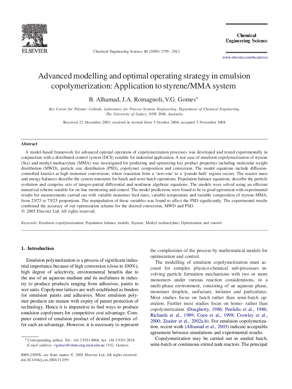 Advanced modelling and optimal operating strategy in emulsion copolymerization: Application to styrene/MMA system