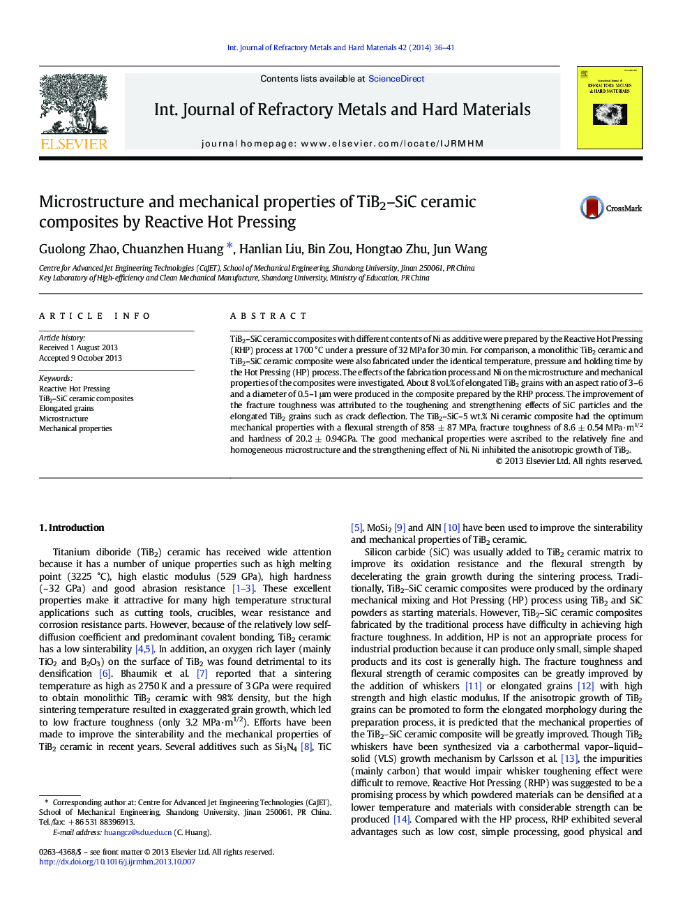 Microstructure and mechanical properties of TiB2-SiC ceramic composites by Reactive Hot Pressing