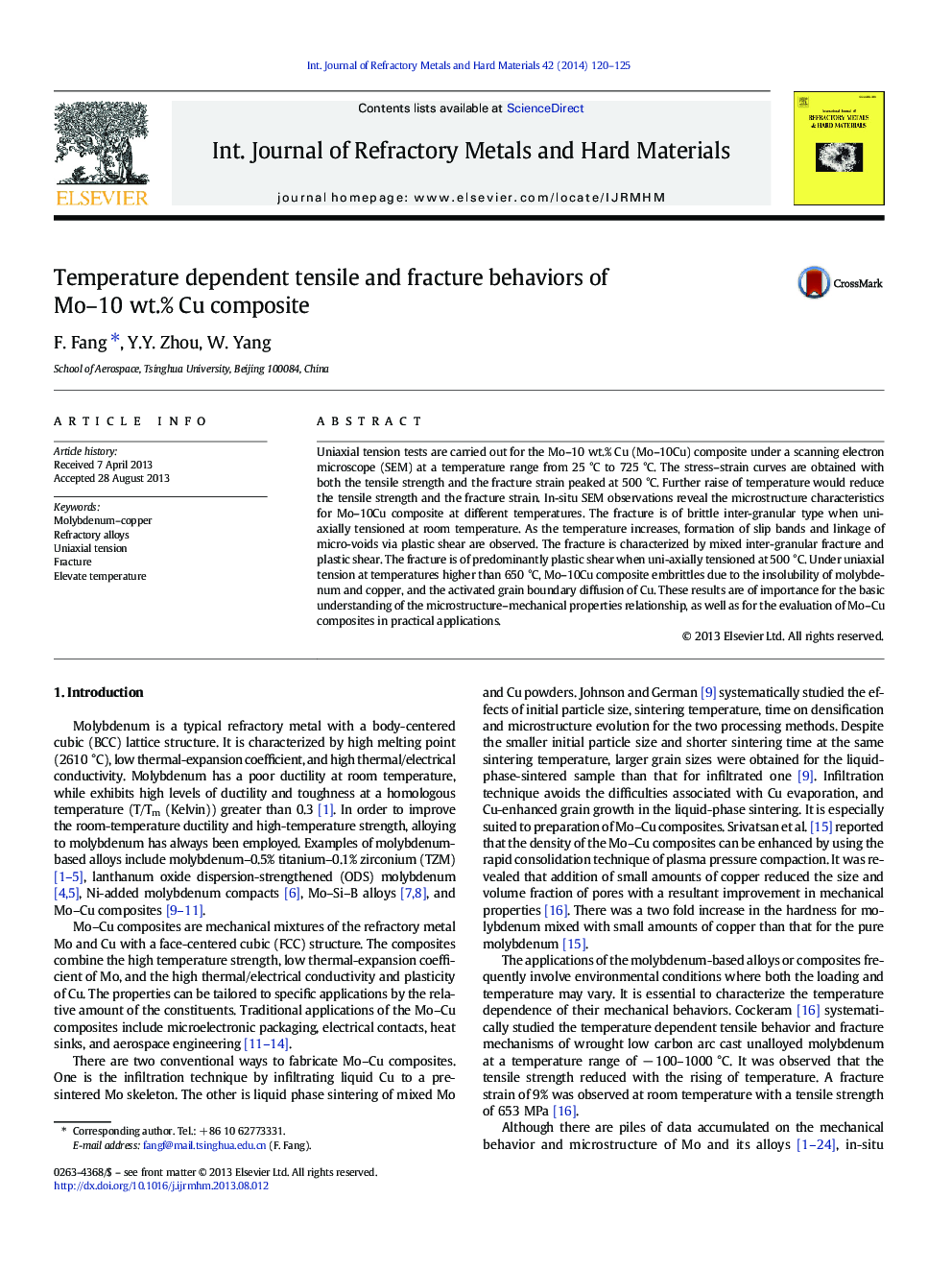 Temperature dependent tensile and fracture behaviors of Mo–10 wt.% Cu composite