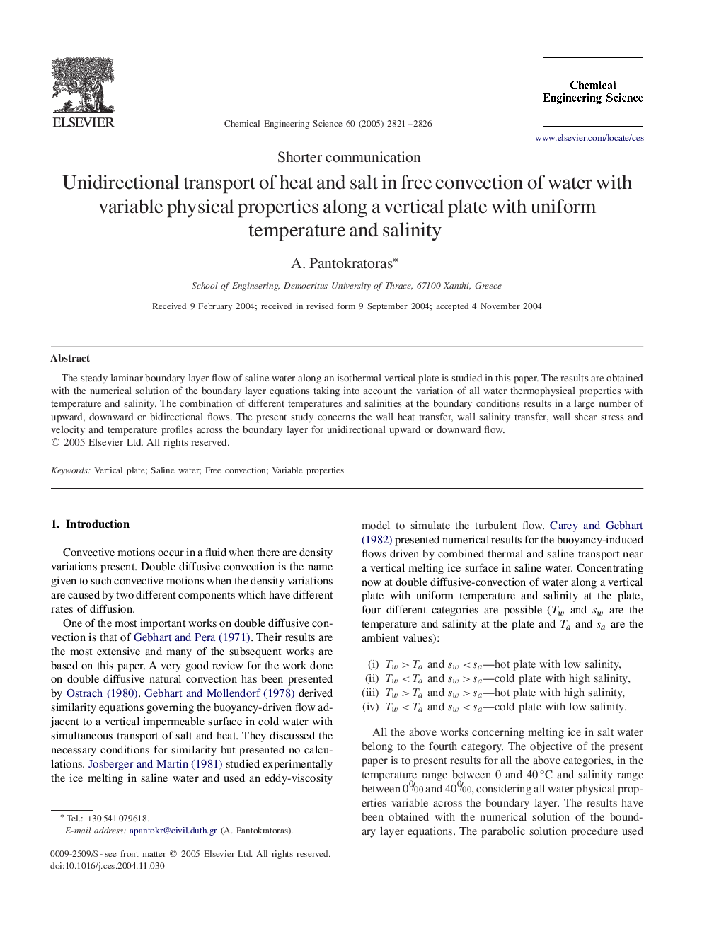 Unidirectional transport of heat and salt in free convection of water with variable physical properties along a vertical plate with uniform temperature and salinity