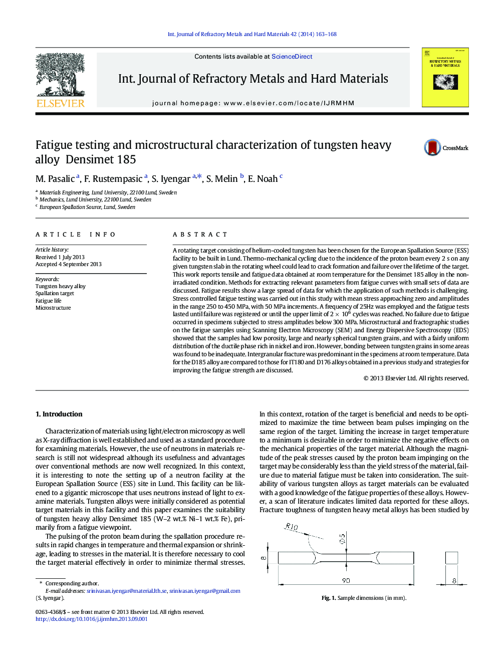 Fatigue testing and microstructural characterization of tungsten heavy alloy Densimet 185