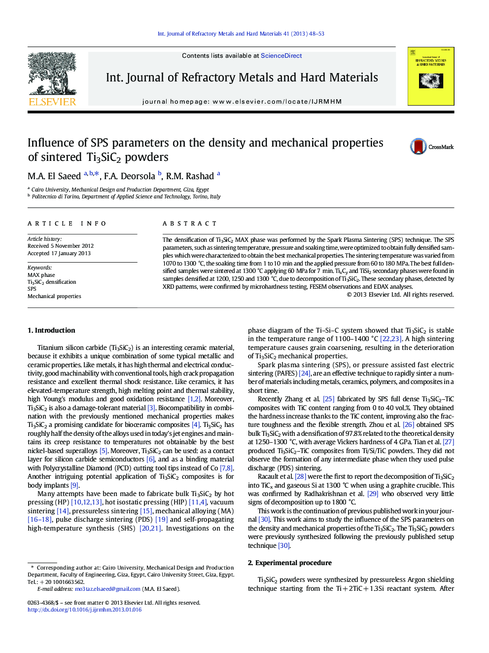 Influence of SPS parameters on the density and mechanical properties of sintered Ti3SiC2 powders