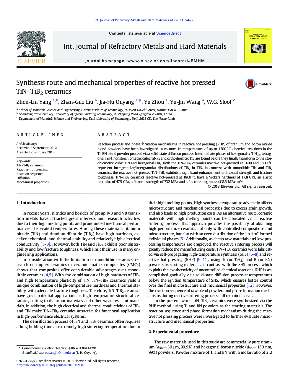 Synthesis route and mechanical properties of reactive hot pressed TiN–TiB2 ceramics