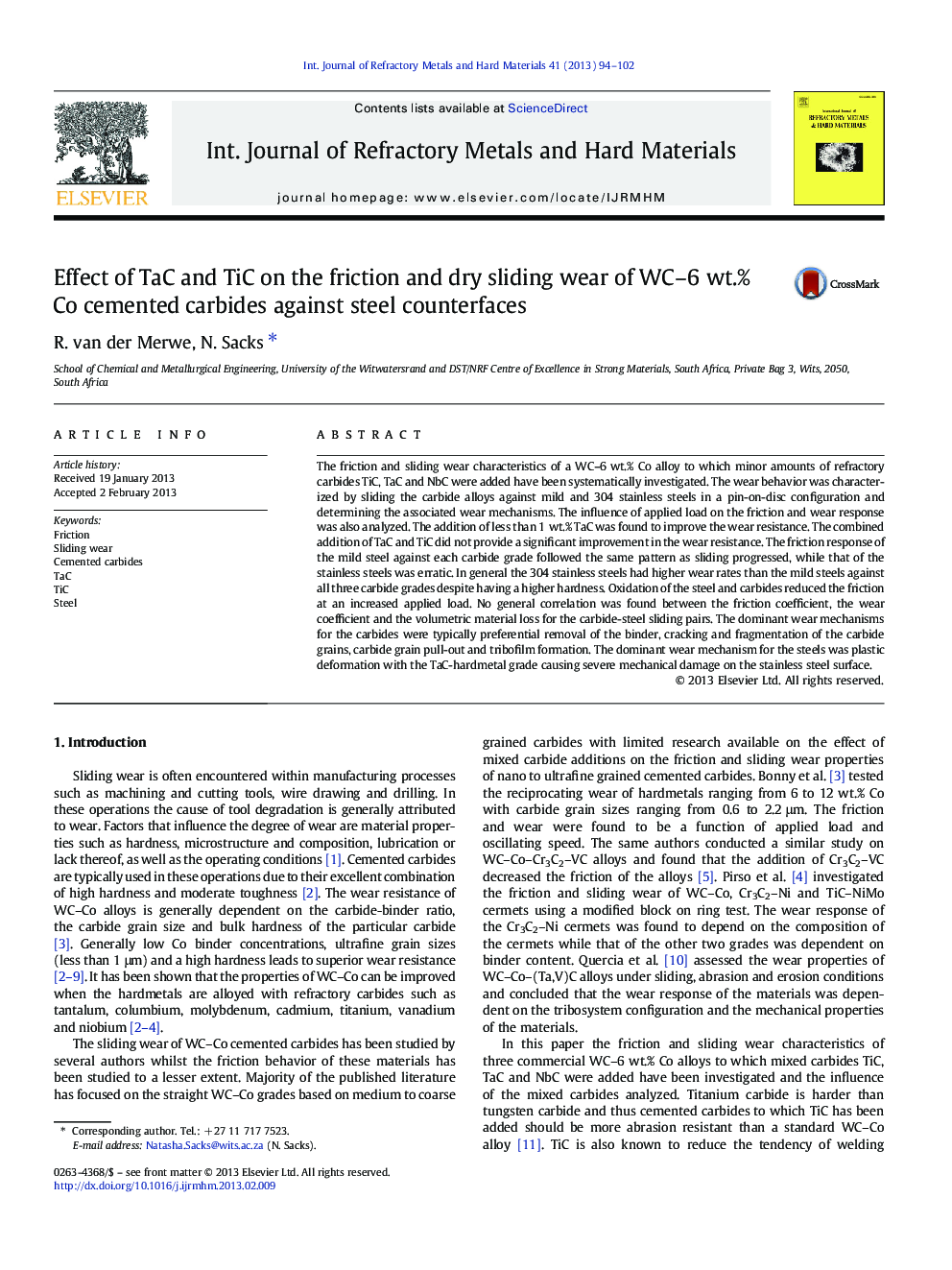 Effect of TaC and TiC on the friction and dry sliding wear of WC–6 wt.% Co cemented carbides against steel counterfaces