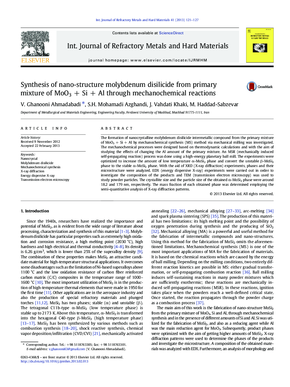 Synthesis of nano-structure molybdenum disilicide from primary mixture of MoO3Â +Â SiÂ +Â Al through mechanochemical reactions