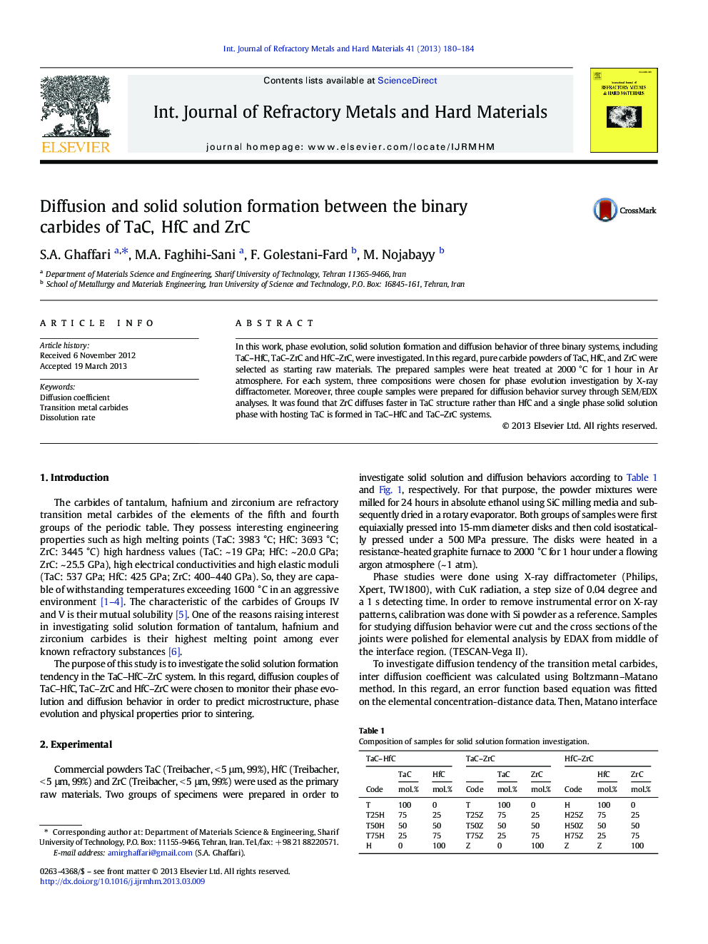 Diffusion and solid solution formation between the binary carbides of TaC, HfC and ZrC