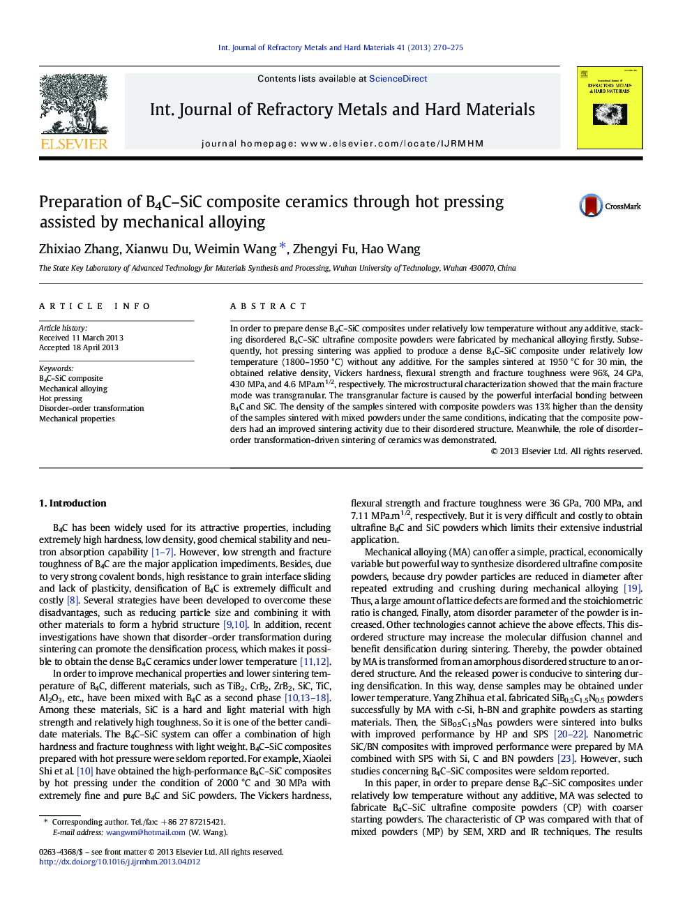 Preparation of B4C–SiC composite ceramics through hot pressing assisted by mechanical alloying