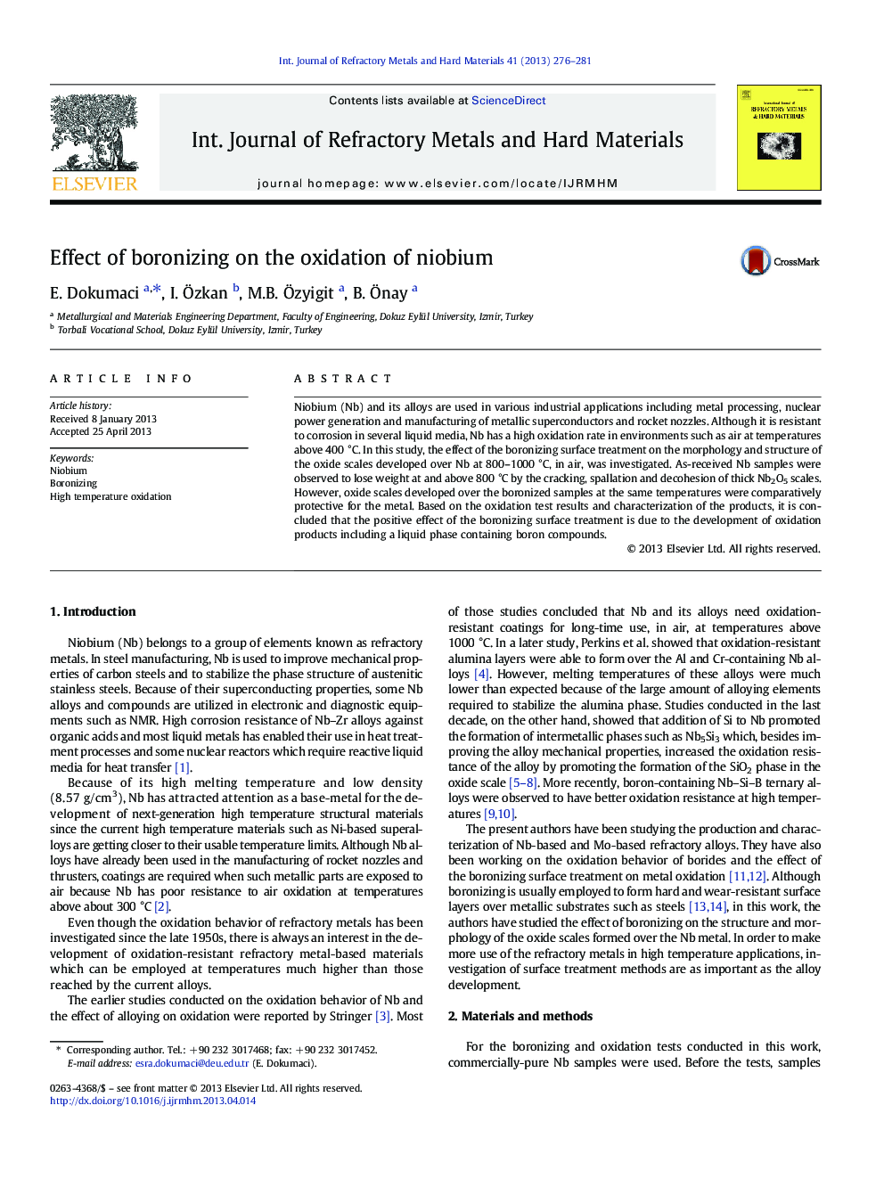 Effect of boronizing on the oxidation of niobium