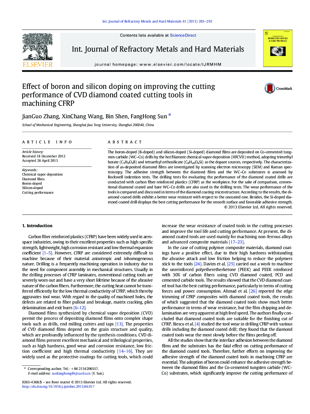 Effect of boron and silicon doping on improving the cutting performance of CVD diamond coated cutting tools in machining CFRP