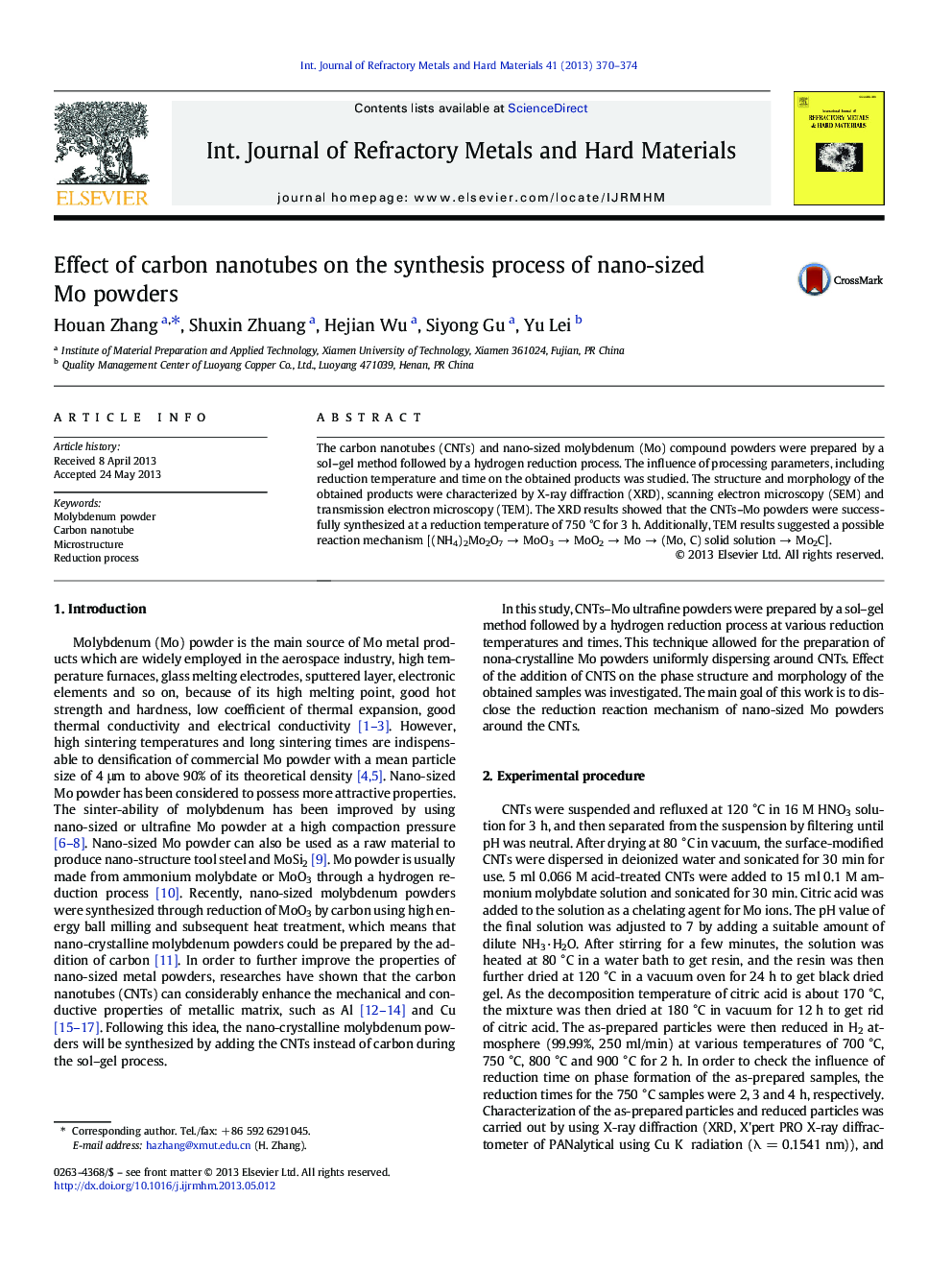 Effect of carbon nanotubes on the synthesis process of nano-sized Mo powders