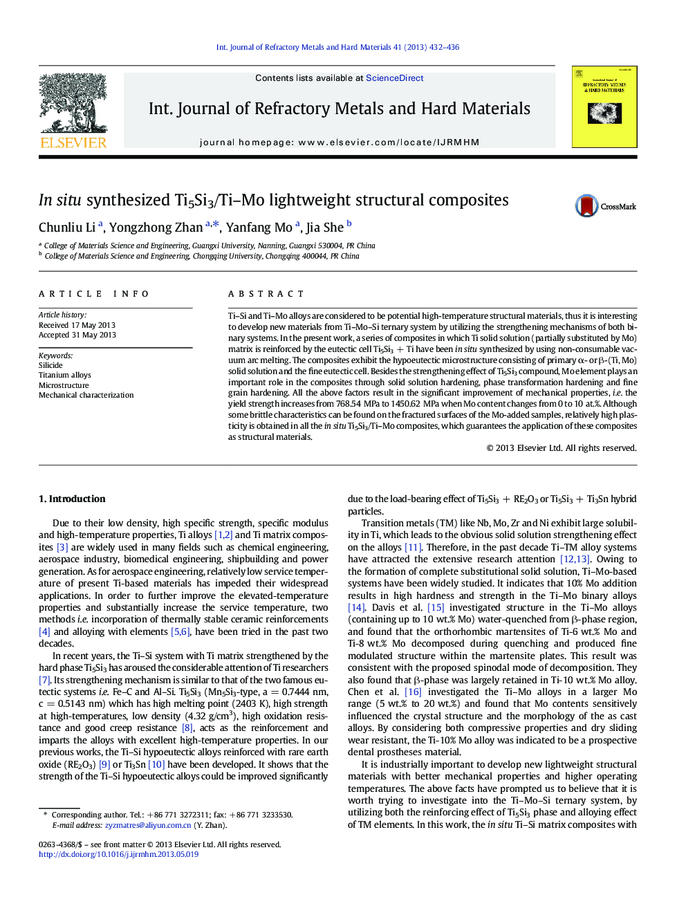 In situ synthesized Ti5Si3/Ti–Mo lightweight structural composites