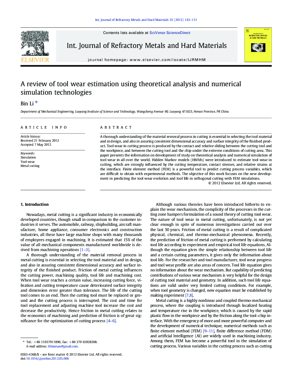 A review of tool wear estimation using theoretical analysis and numerical simulation technologies